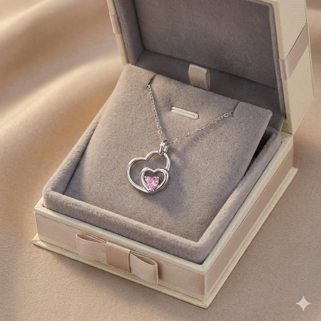 Interlocking Heart Necklace | Silver & Pink Solitaire
