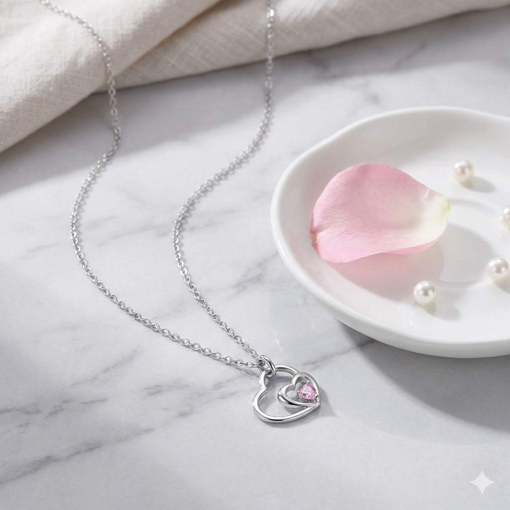 Interlocking Heart Necklace | Silver & Pink Solitaire