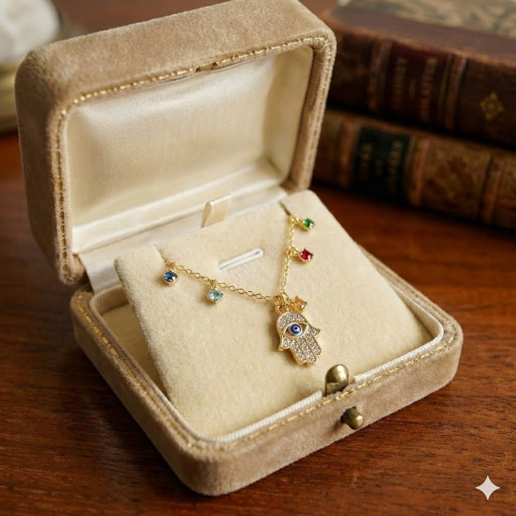 Hamsa Hand Necklace with Multicolor Gemstones