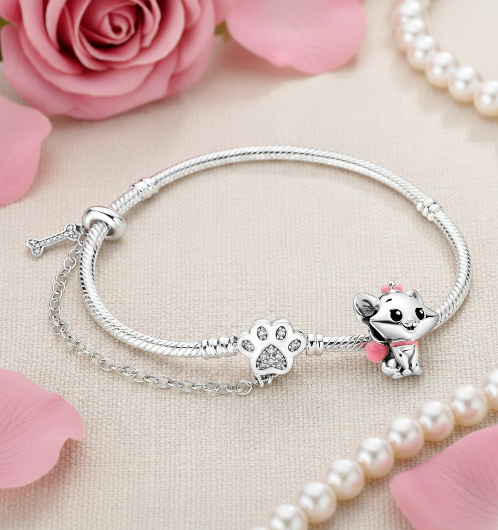 Charming Pink Bow Cat Sterling Silver Disney Charm