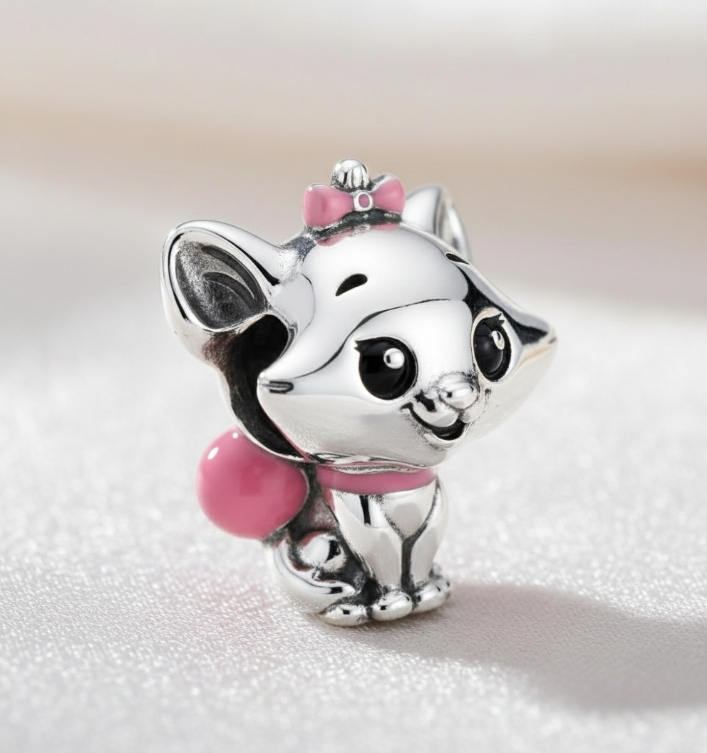 Charming Pink Bow Cat Sterling Silver Disney Charm