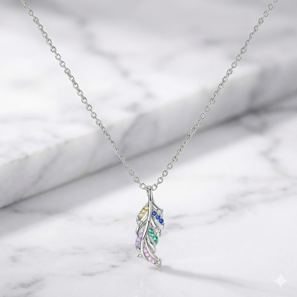 Sterling Silver Rainbow Feather Necklace | Vibrant Plume Edition