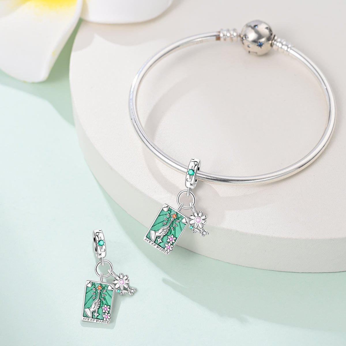 Ace of Wands Tarot & Flower Dangle Charm