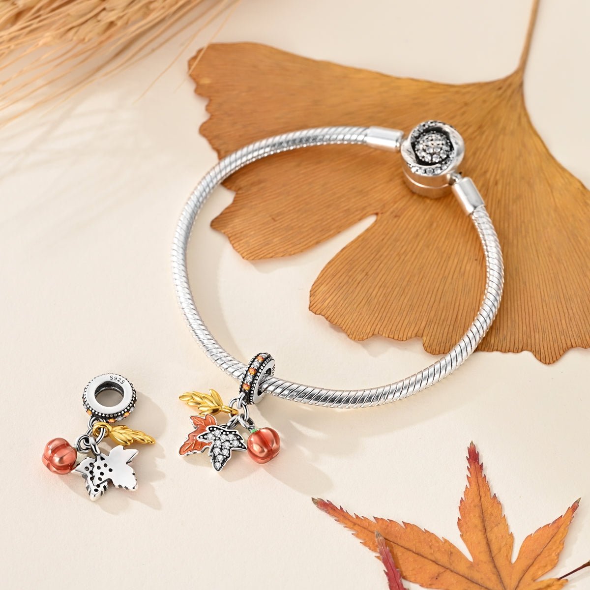 Autumn Harvest Pumpkin & Leaves Dangle Charm