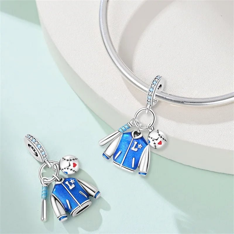 Blue Baseball Jacket, Bat & Ball Dangle Charm
