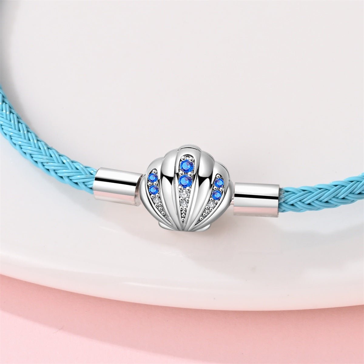Blue Braided Leather Bracelet with Seashell Clasp