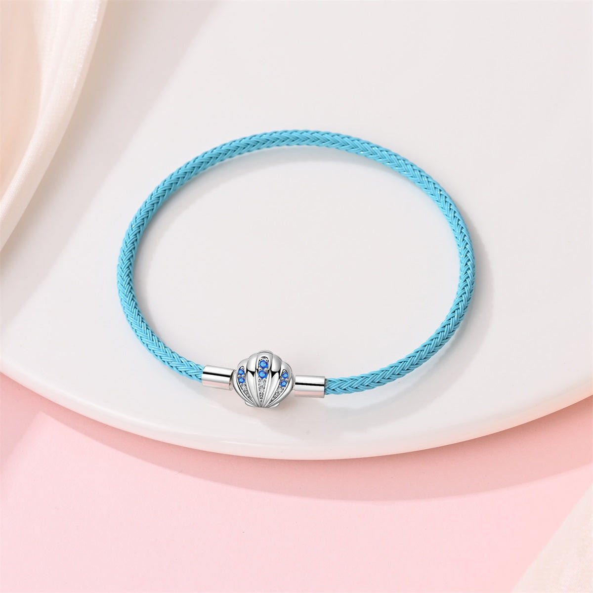 Blue Braided Leather Bracelet with Seashell Clasp