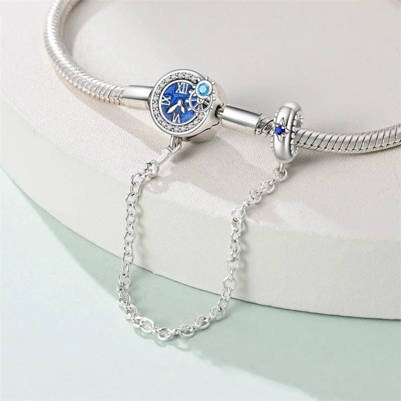 Blue Clock Clasp Bracelet with Safety Chain