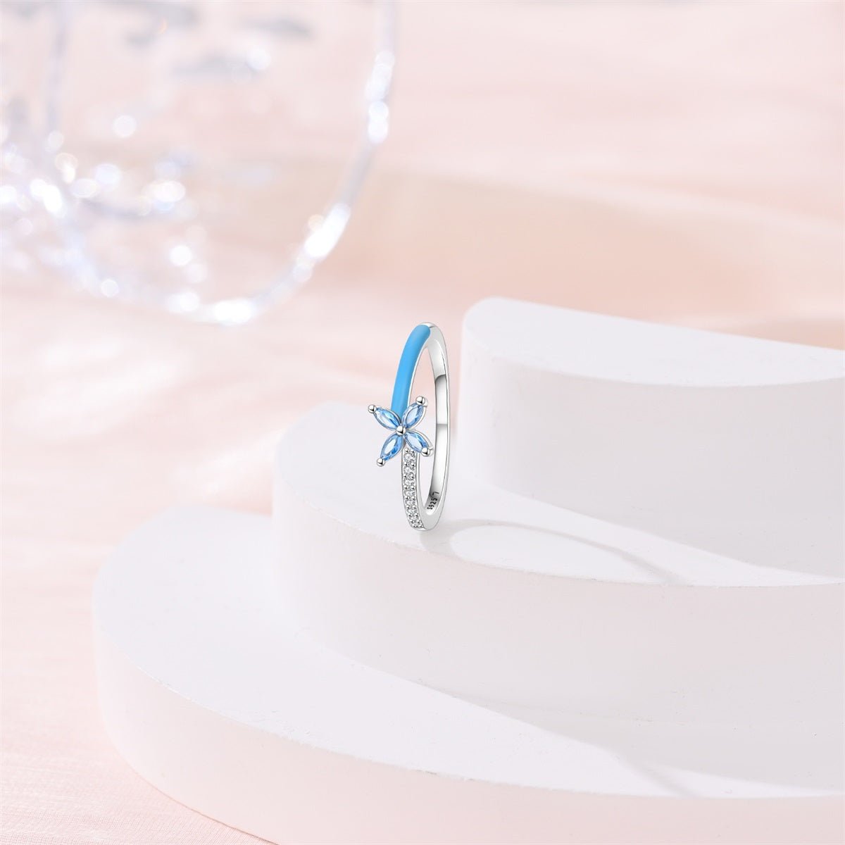 Blue Enamel & Sparkling Flower Ring