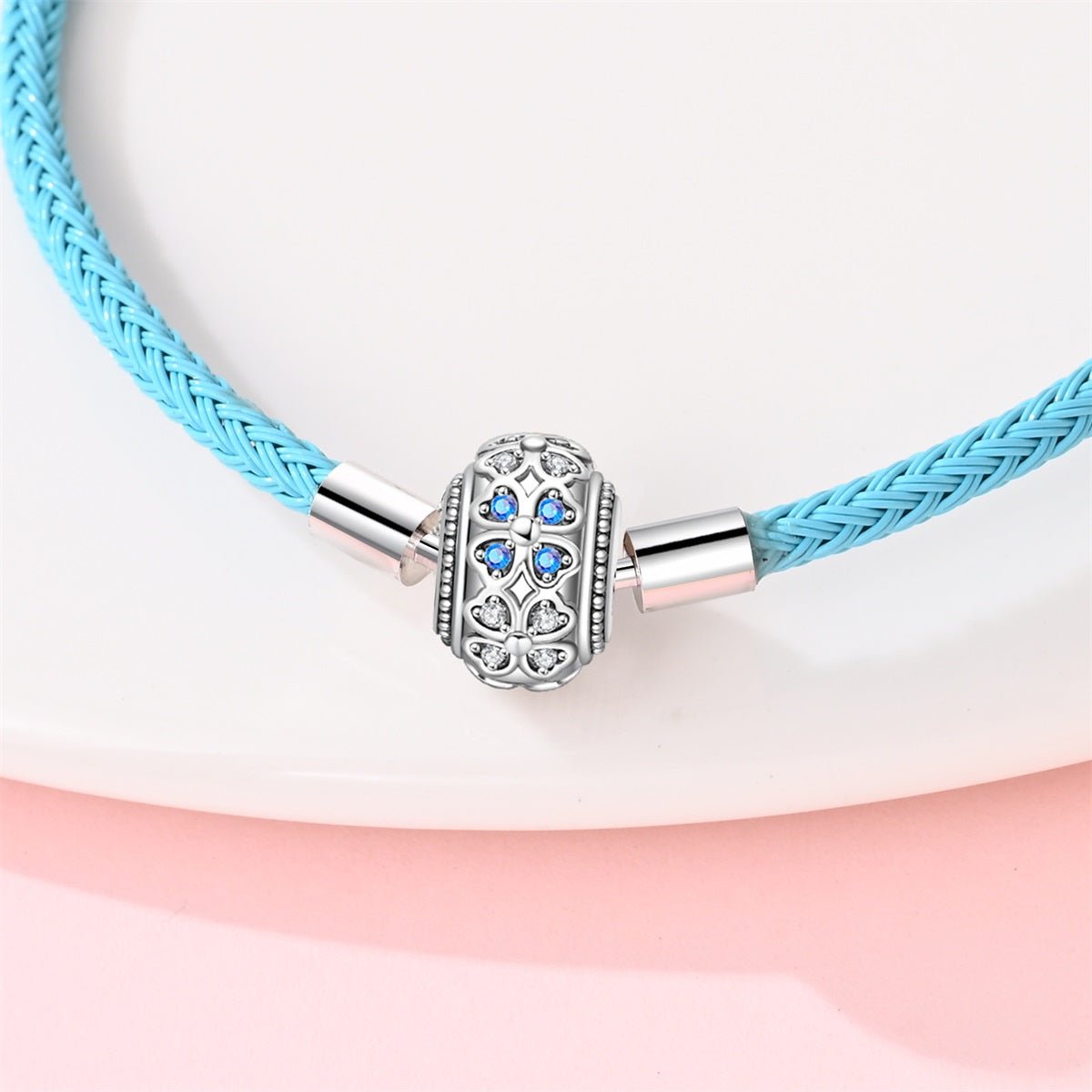 Blue Leather Bracelet with Clover Clasp