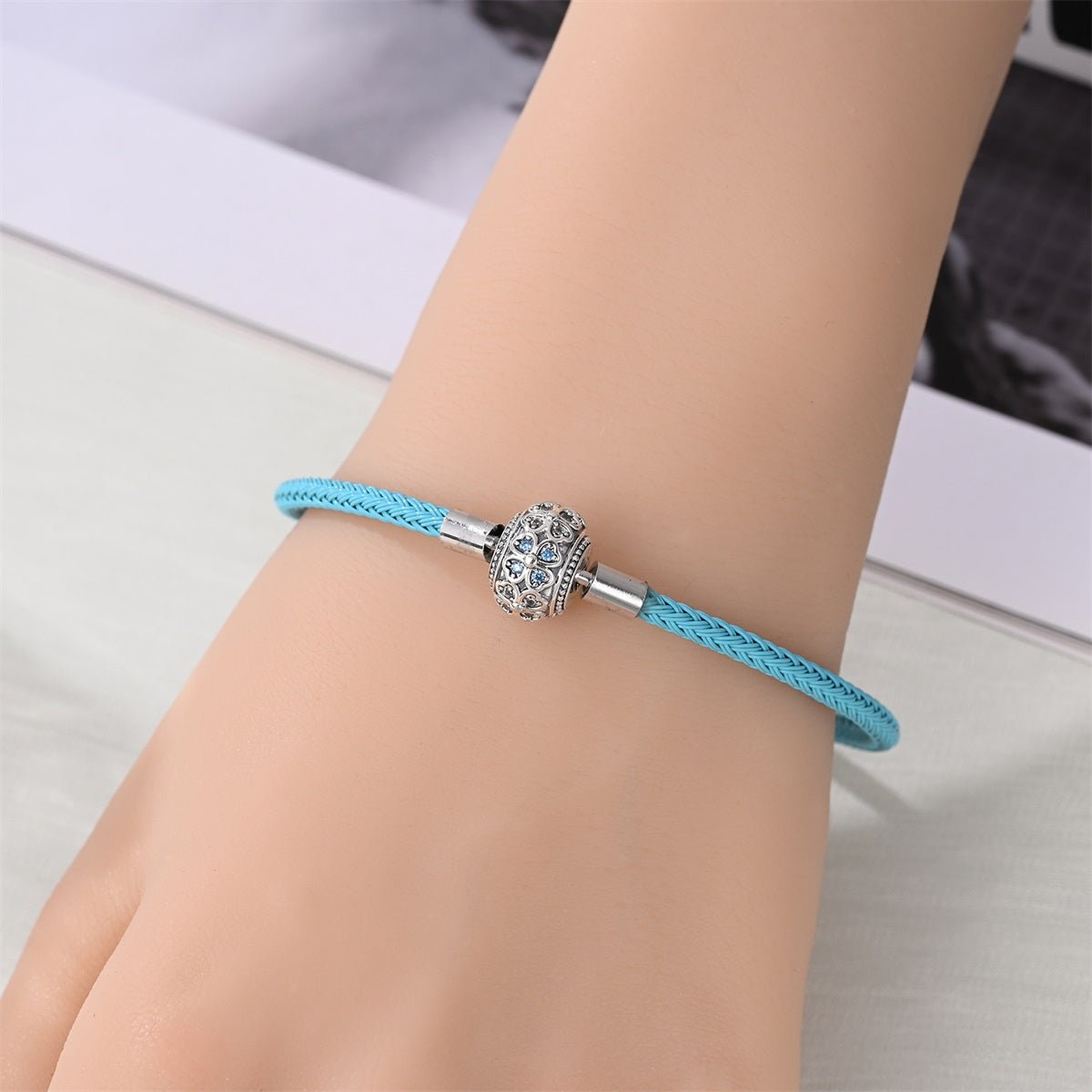 Blue Leather Bracelet with Clover Clasp