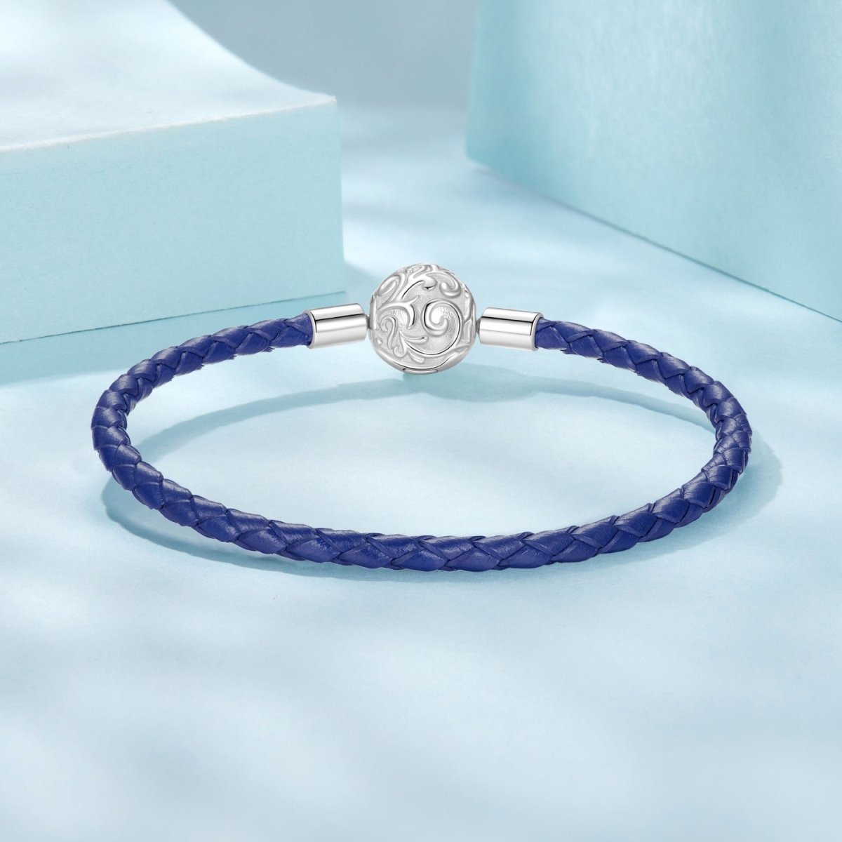 Blue Swirl Clasp Leather Charm Bracelet