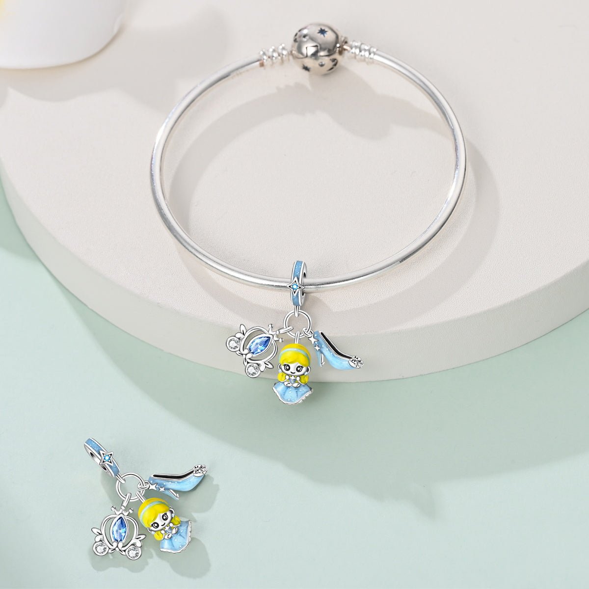 Cinderella with Blue Dress, Glass Slipper, & Carriage Dangle Charm