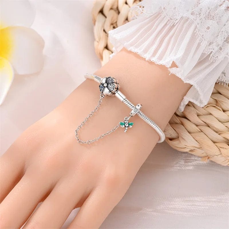 Clover and Dragonfly Charm Bracelet with Safety Chain