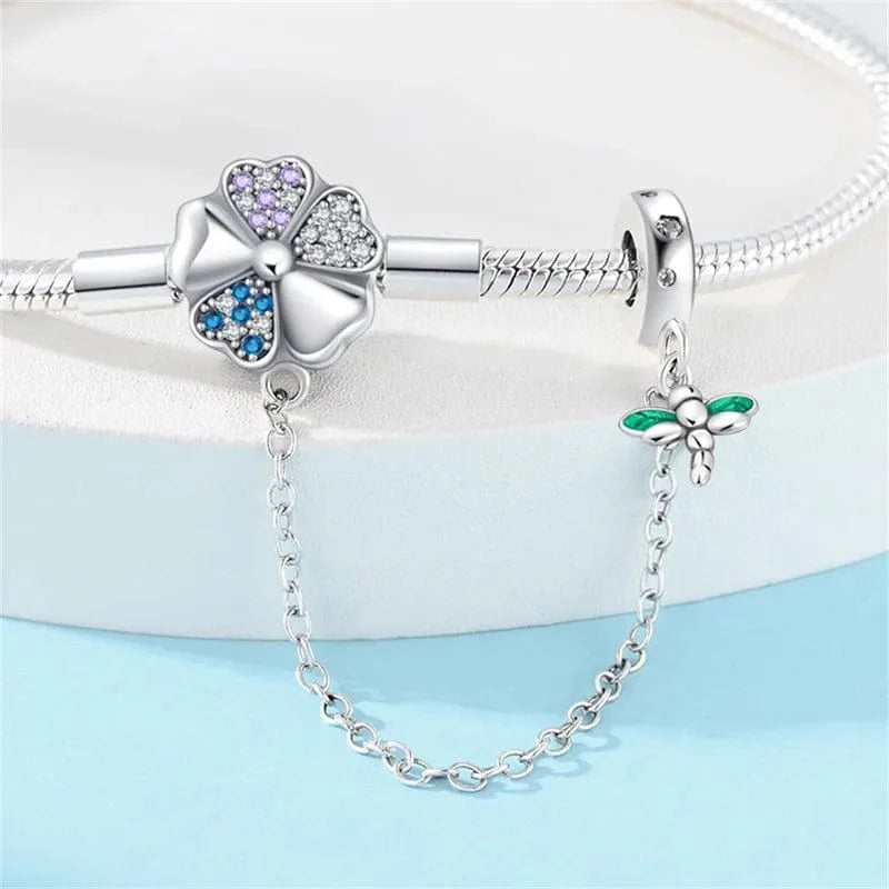 Clover and Dragonfly Charm Bracelet with Safety Chain
