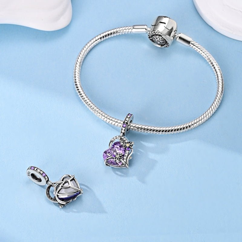 Glow in the Dark Luminous Purple Crystal Heart with Floral Vine Dangle Charm