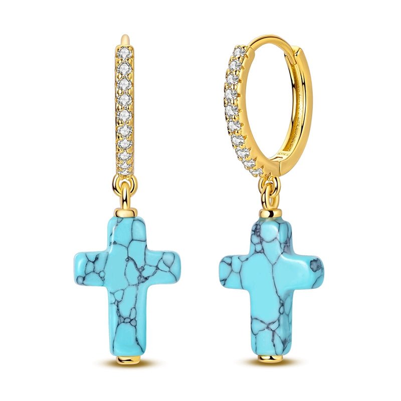 Gold Hoop Earrings with Turquoise Cross