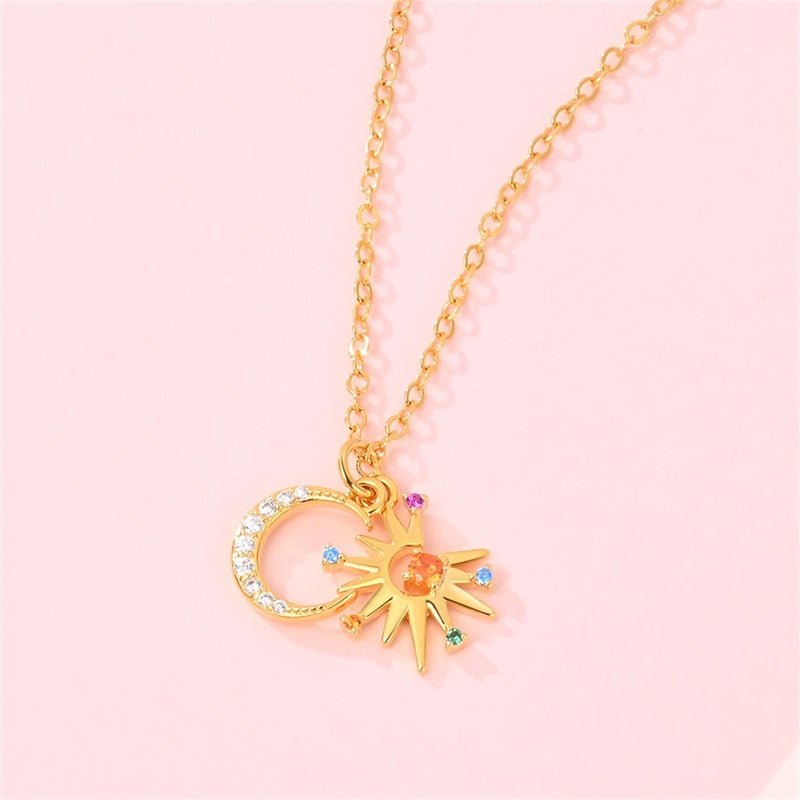 Gold Sun & Moon Necklace with Colorful Stones