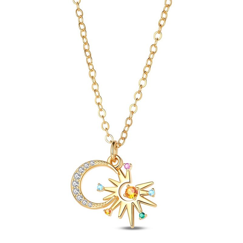 Gold Sun & Moon Necklace with Colorful Stones
