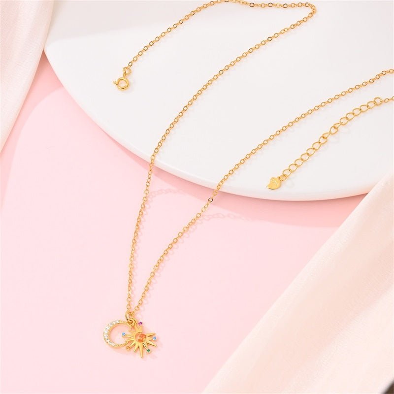 Gold Sun & Moon Necklace with Colorful Stones