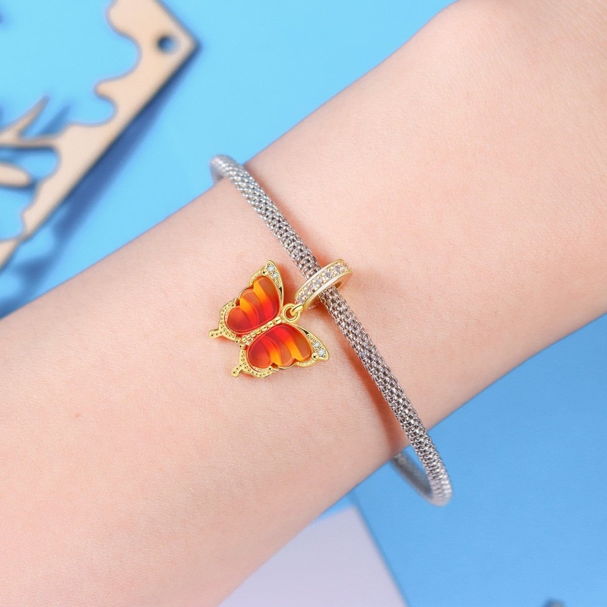 Pink & Yellow Murano Glass Butterfly Dangle Charm