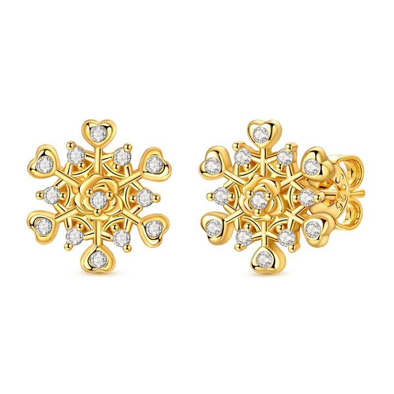 Golden Snowflake Heart Stud Earrings