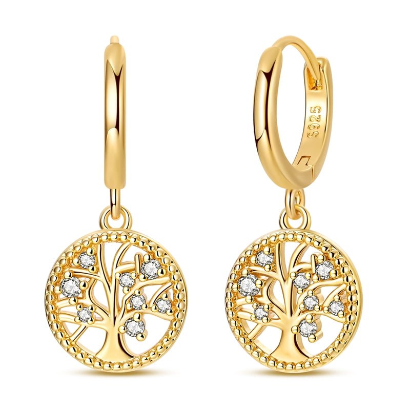 Golden Tree of Life Dangle Hoop Earrings