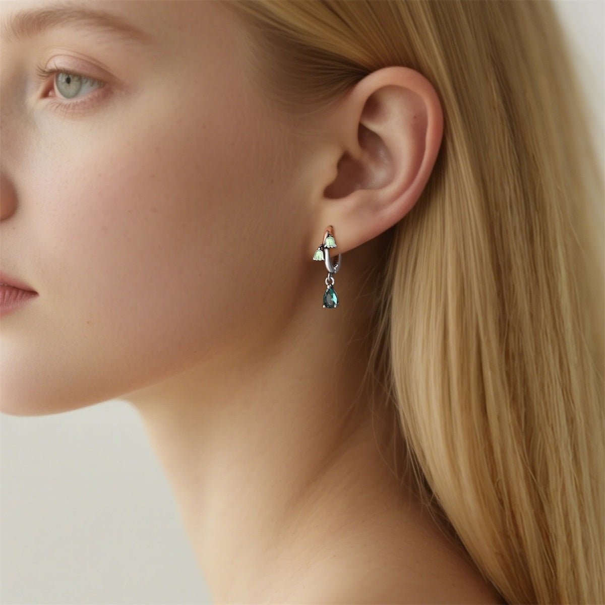 Green Bellflower & Teardrop Crystal Dangle Hoop Earrings