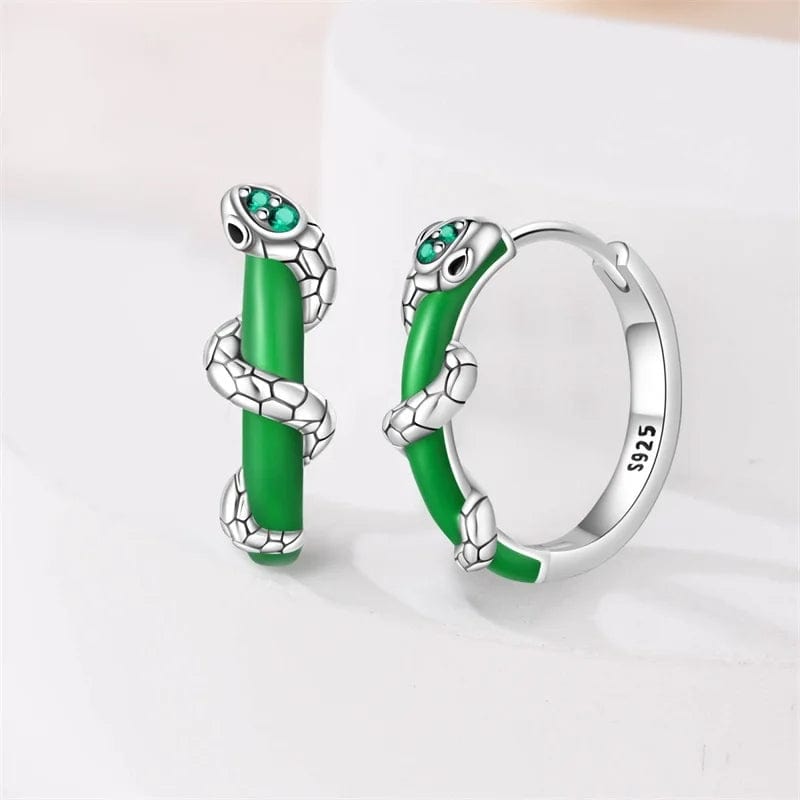 Green Enamel Snake Hoop Earrings