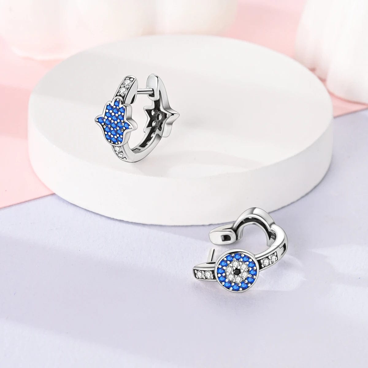 Hamsa & Evil Eye Hoop Earrings with Blue Crystals