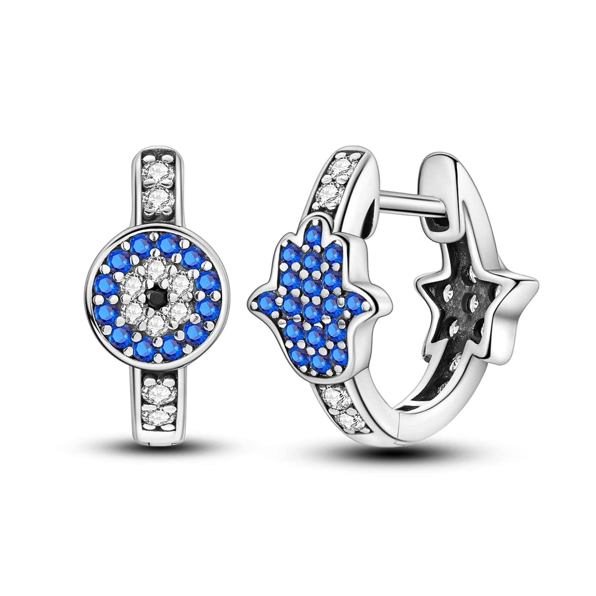 Hamsa & Evil Eye Hoop Earrings with Blue Crystals