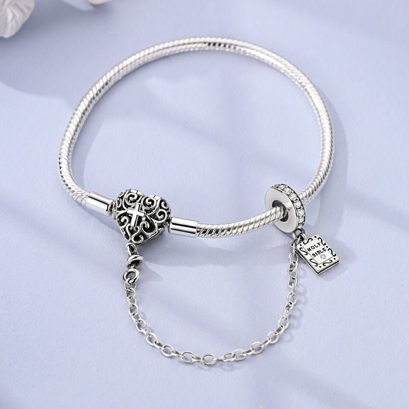 Heart & Cross Charm Bracelet with Bible Safety Chain
