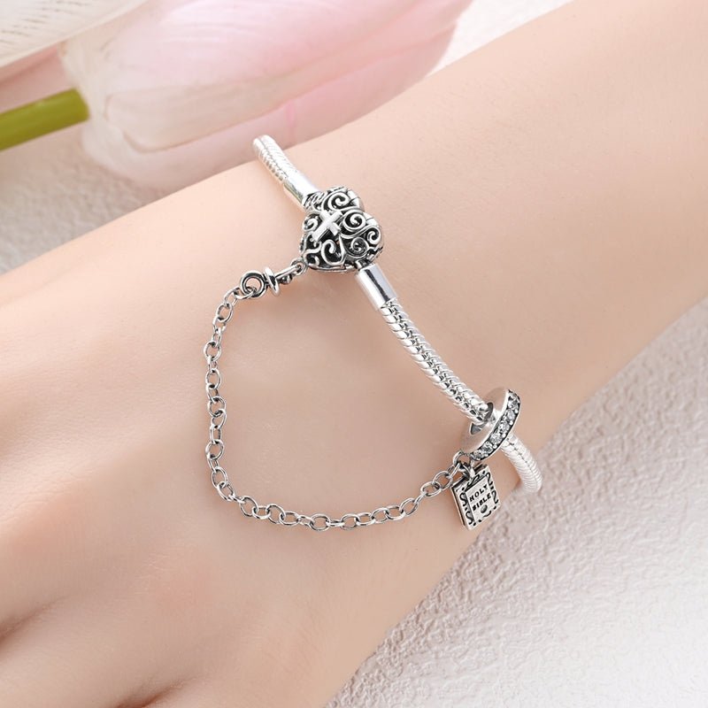Heart & Cross Charm Bracelet with Bible Safety Chain