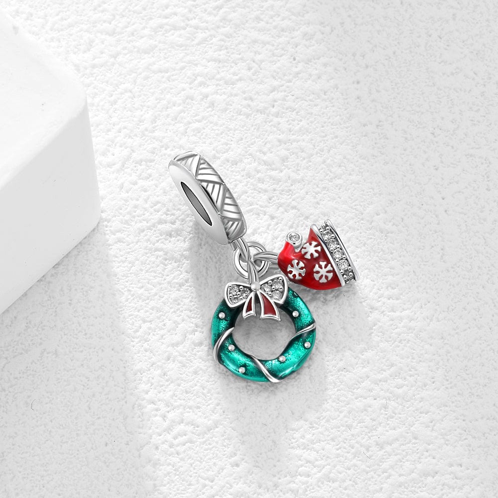 Holiday Wreath & Santa Hat Double Dangle Charm