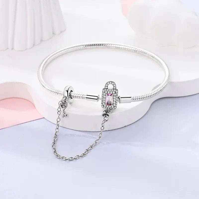 Lock and Key Bracelet with Pink Crystal and Safety Chain