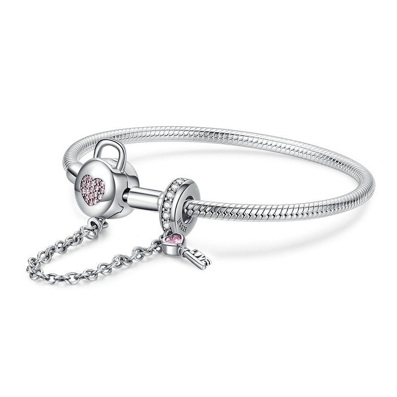 Lock & Key Pink Heart Safety Chain Charm Bracelet
