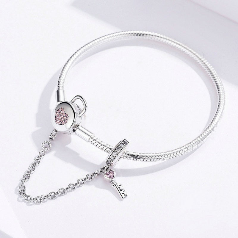 Lock & Key Pink Heart Safety Chain Charm Bracelet