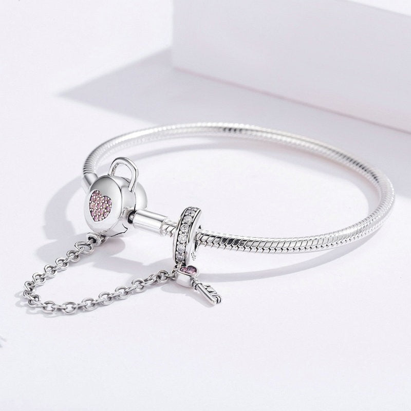 Lock & Key Pink Heart Safety Chain Charm Bracelet