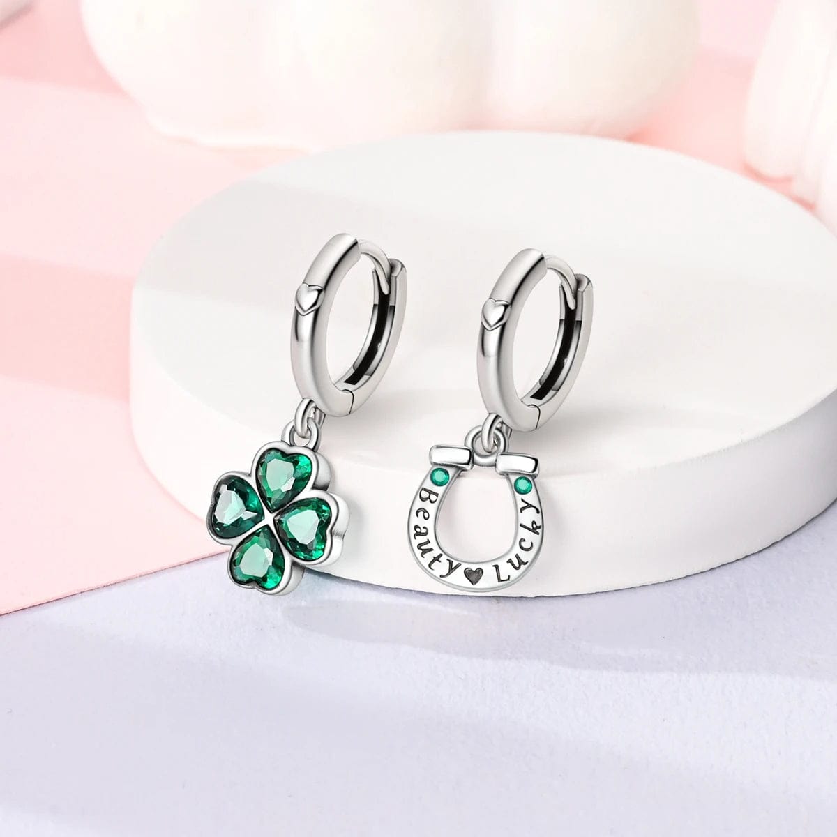 Lucky Clover & Horseshoe Hoop Earrings with Green Crystals