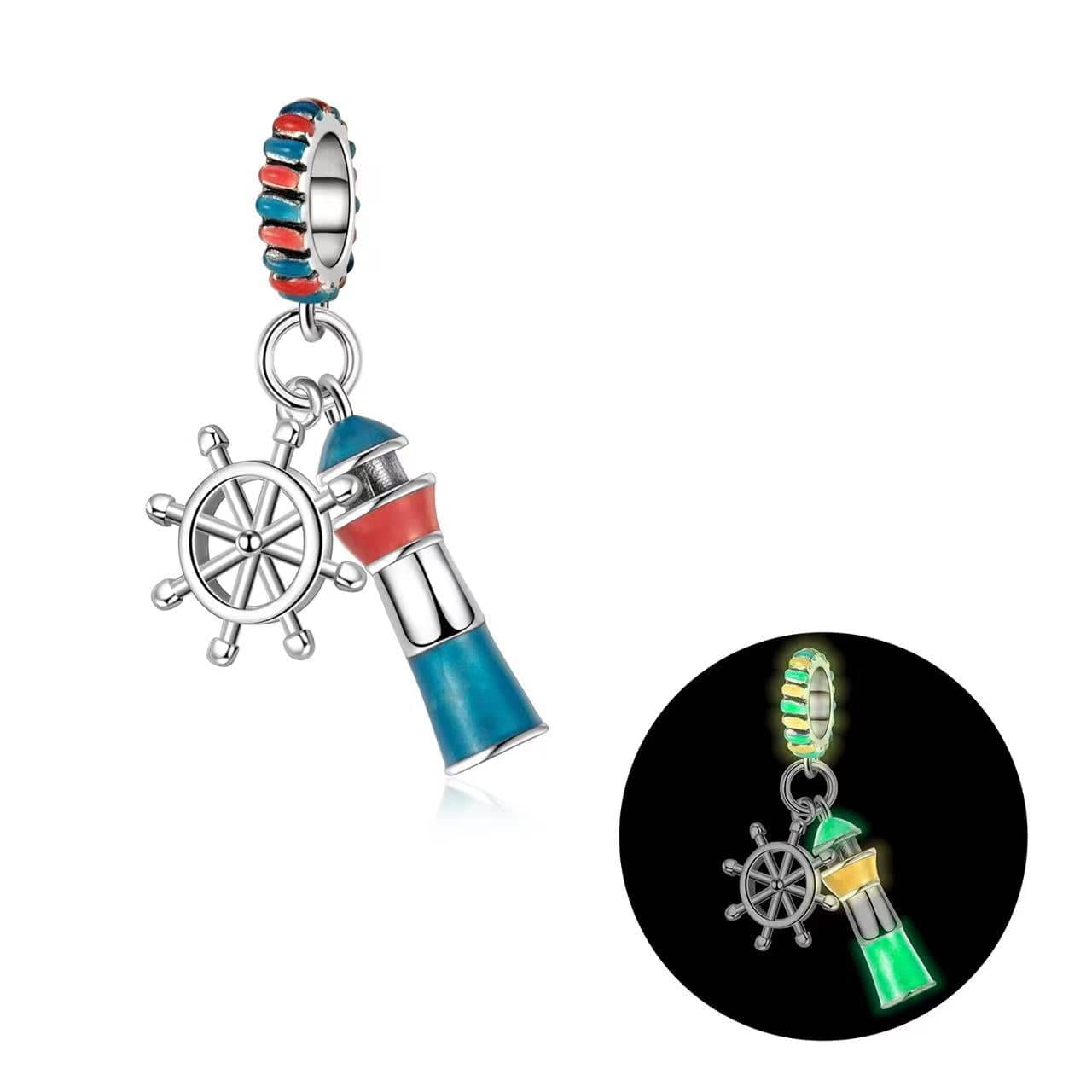Luminous Blue Lighthouse & Ship’s Wheel Dangle Charm