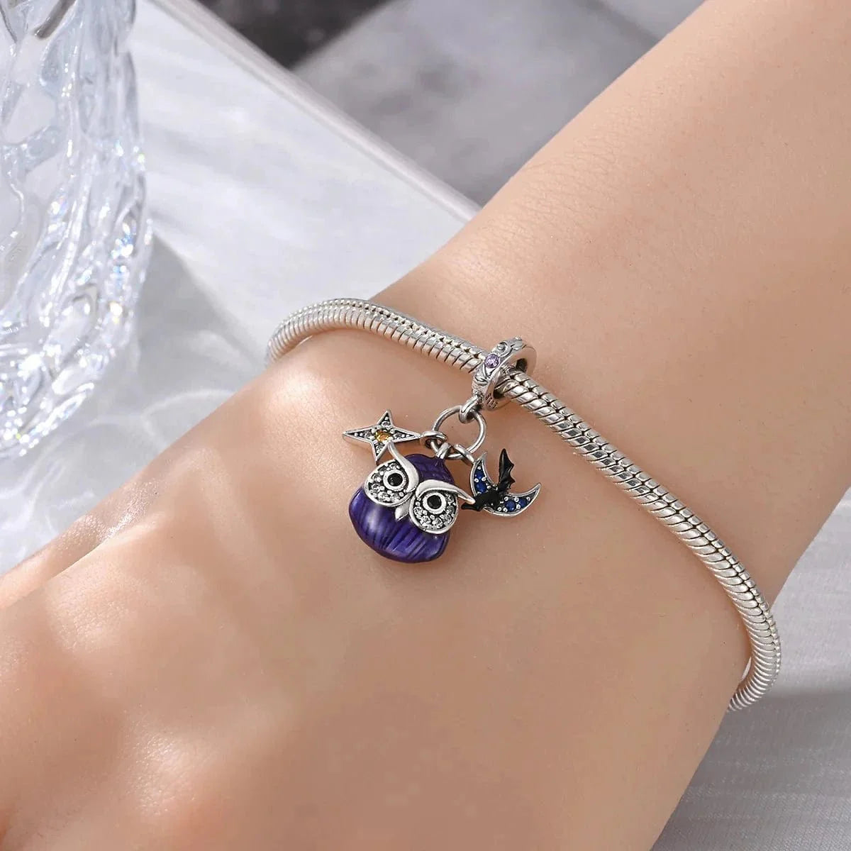 Luminous Owl Charm with Star & Bat Accents