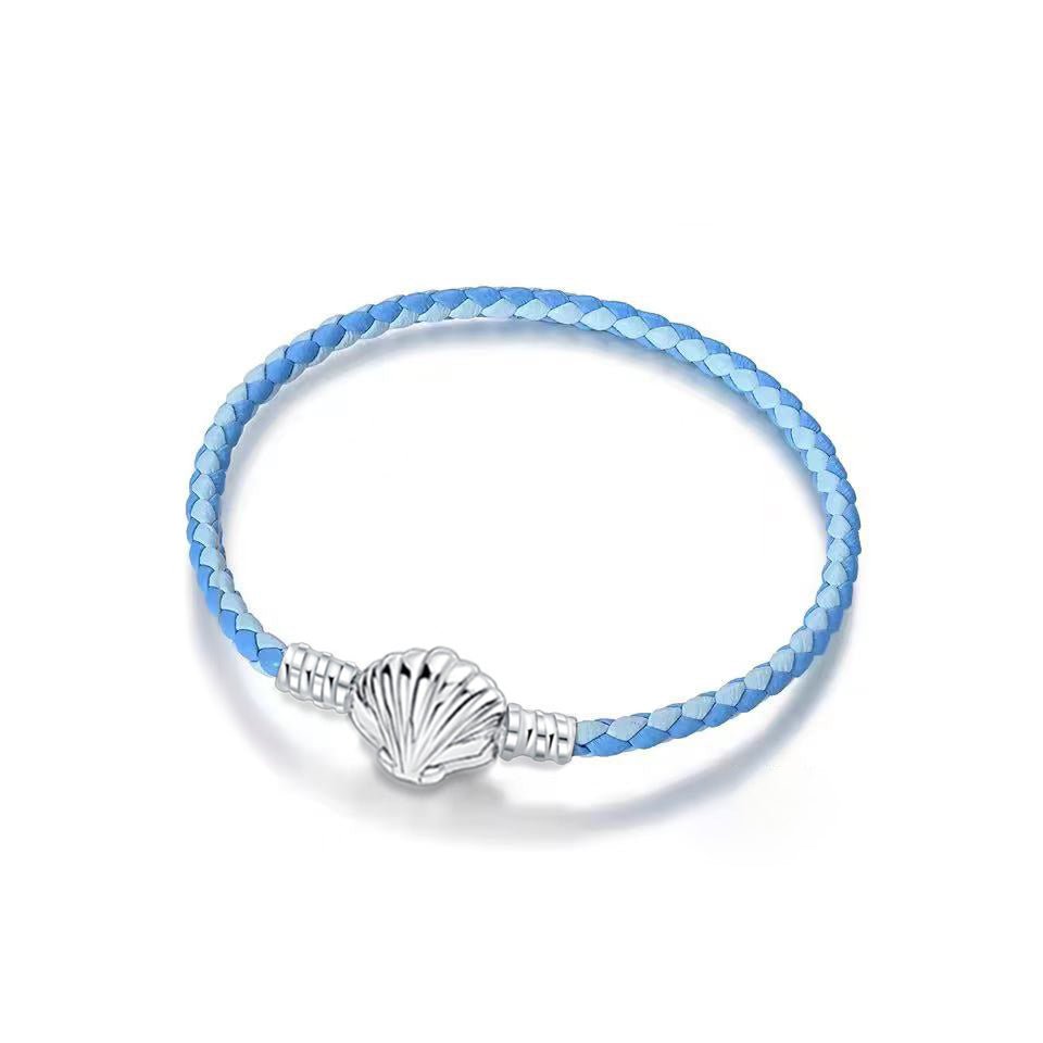 Ocean Blue Braided Leather Bracelet with Seashell Clasp