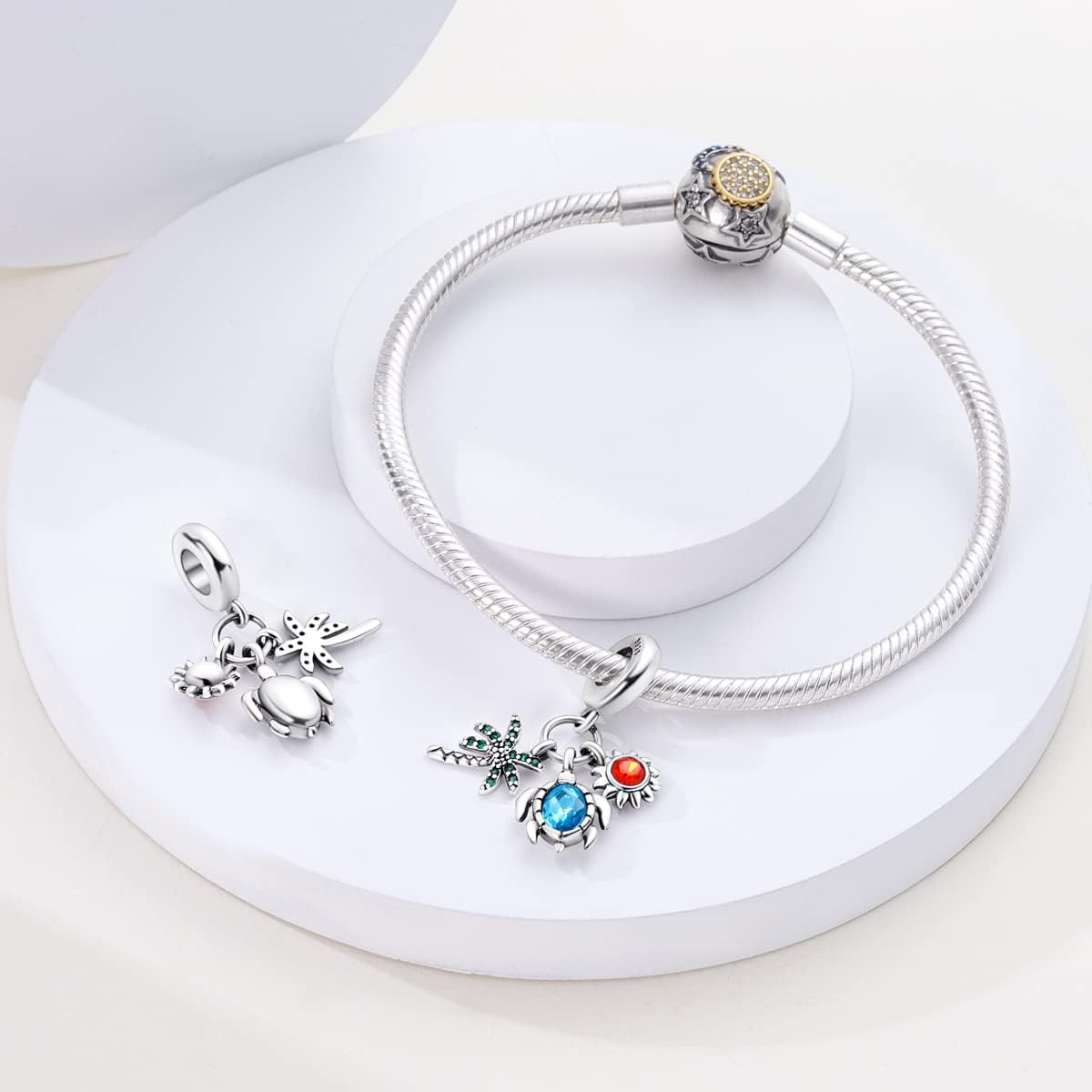 Ocean Palm Turtle and Sun Triple Dangle Charm