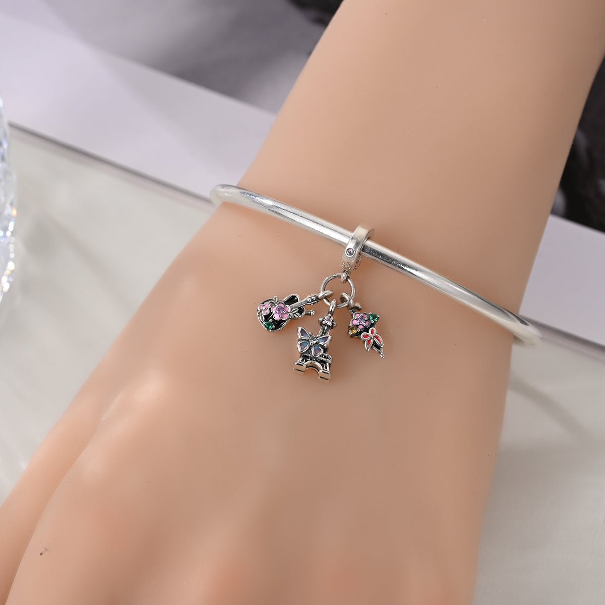 Parisian Guitar, Eiffel Tower, Butterfly, & Floral Ice Cream Triple Dangle Charm