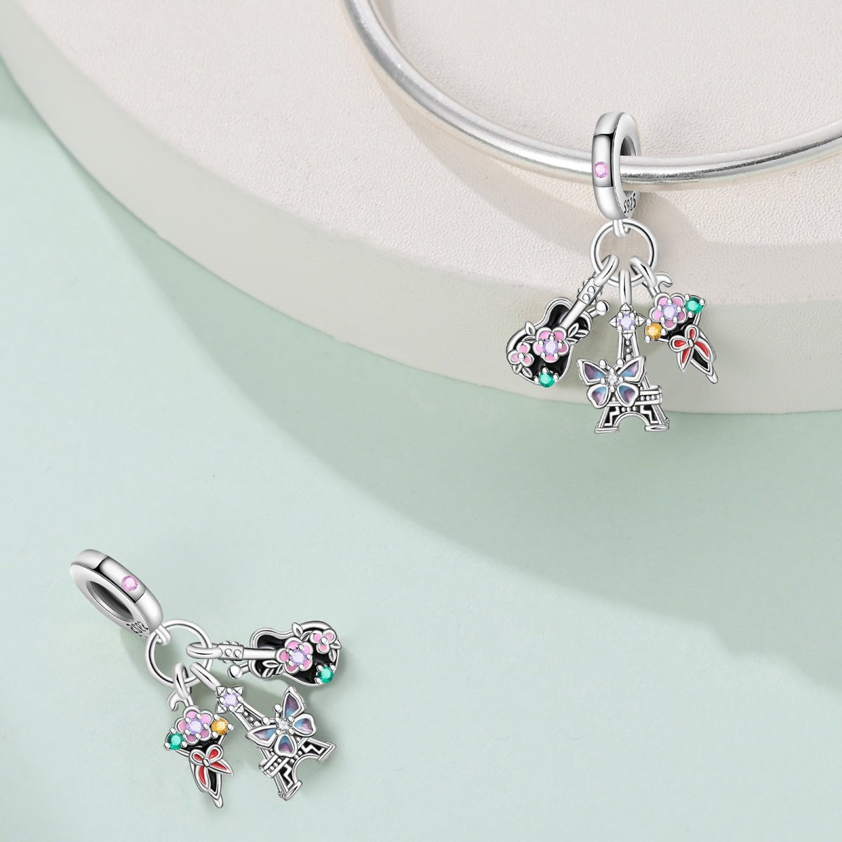 Parisian Guitar, Eiffel Tower, Butterfly, & Floral Ice Cream Triple Dangle Charm