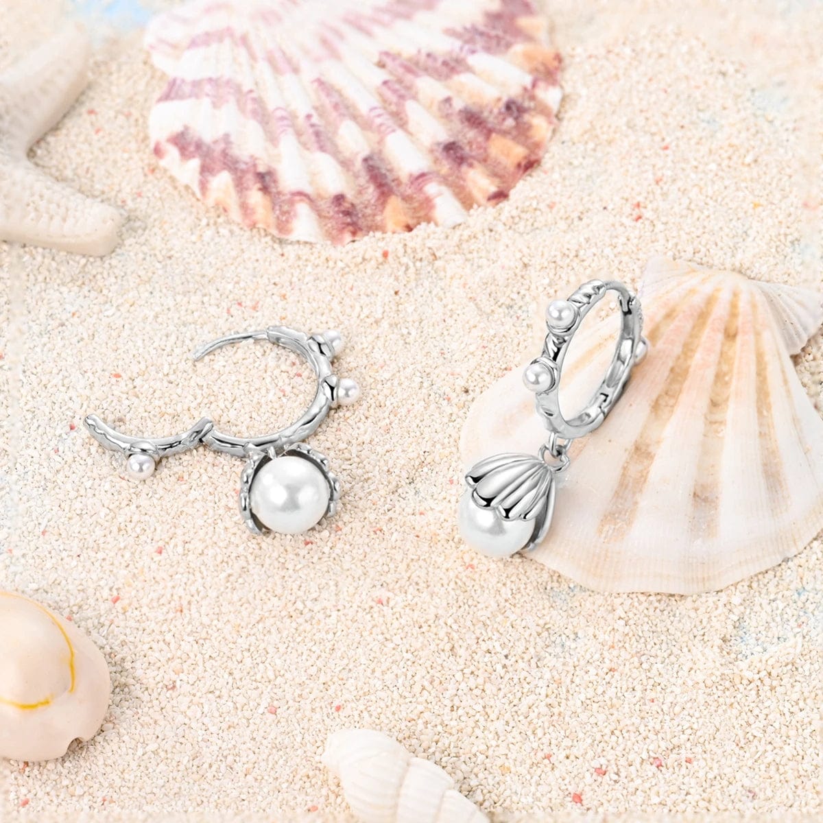 Pearl Drop Hoop Earrings with Floral Shell Design