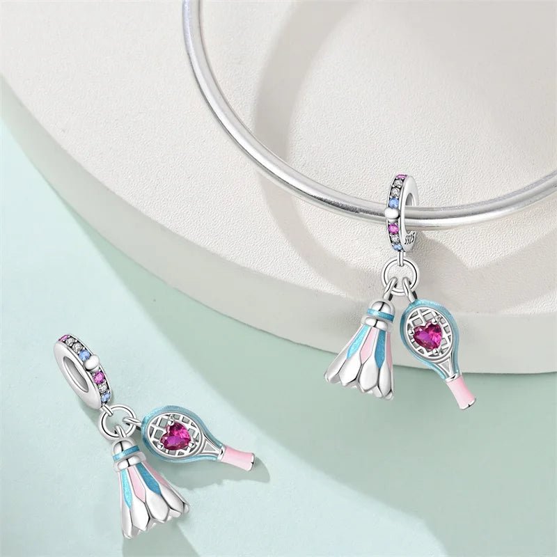 Pink Badminton Racket & Shuttlecock Dangle Charm