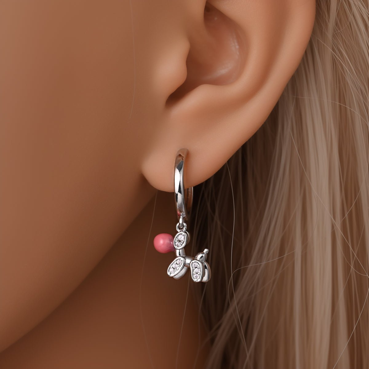 Pink Balloon Dog with Crystal Accents Hoop Earrings