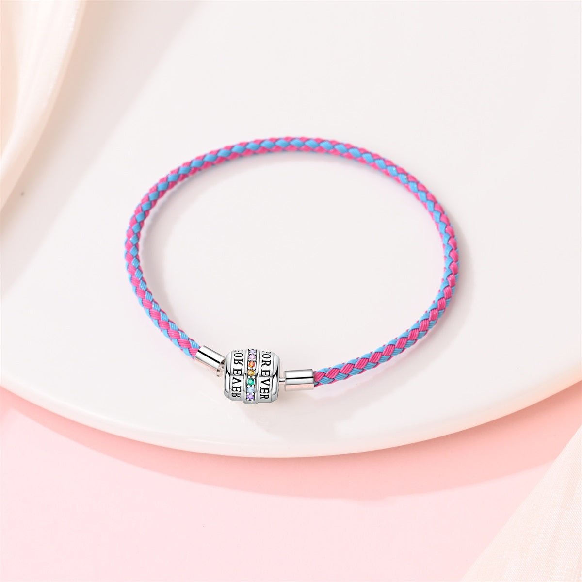 Pink & Blue Braided Leather Bracelet with Forever Clasp