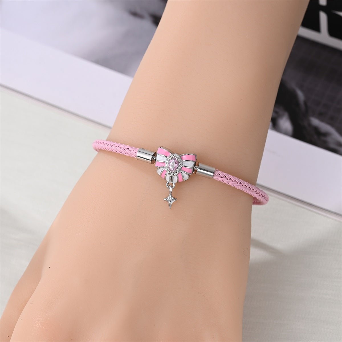 Pink Bow & Star Dangle Leather Bracelet